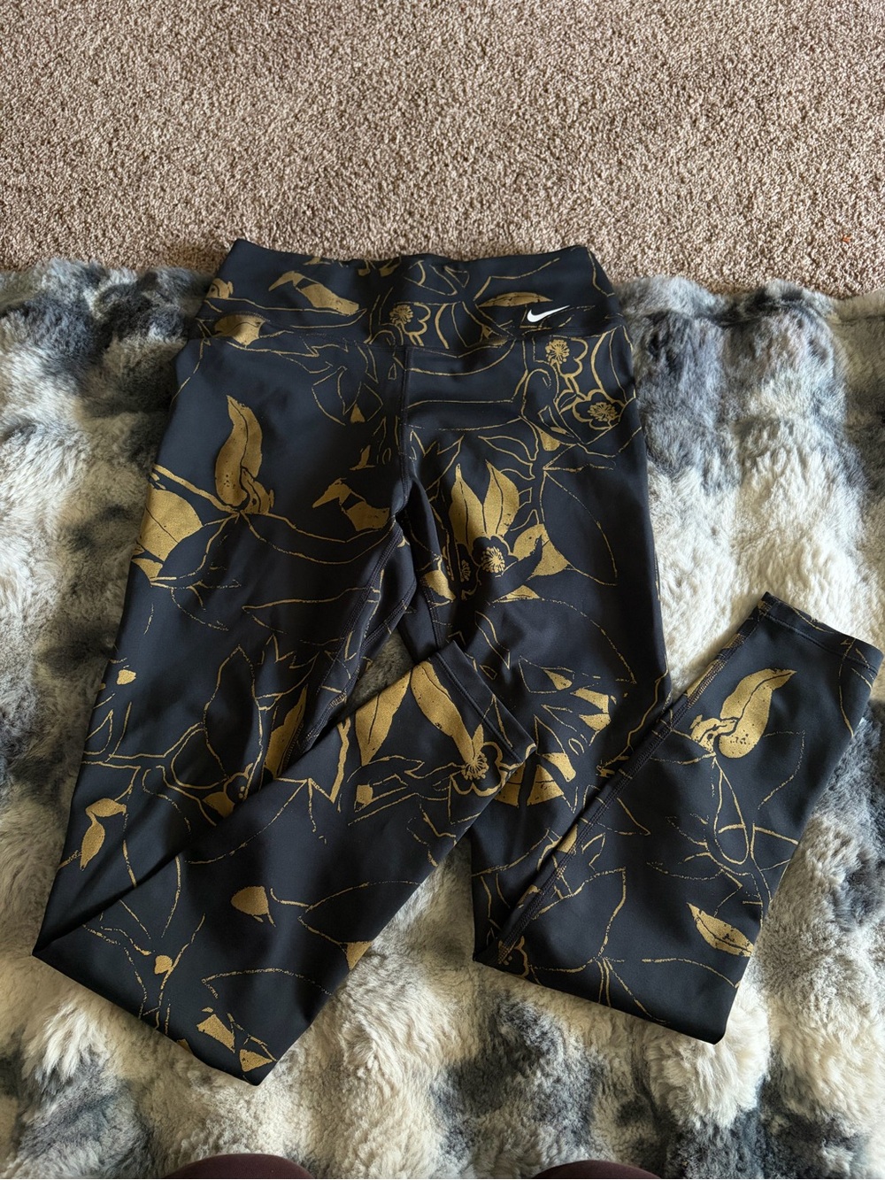 Nike Black Leggings with Metallic Gold Floral Pattern